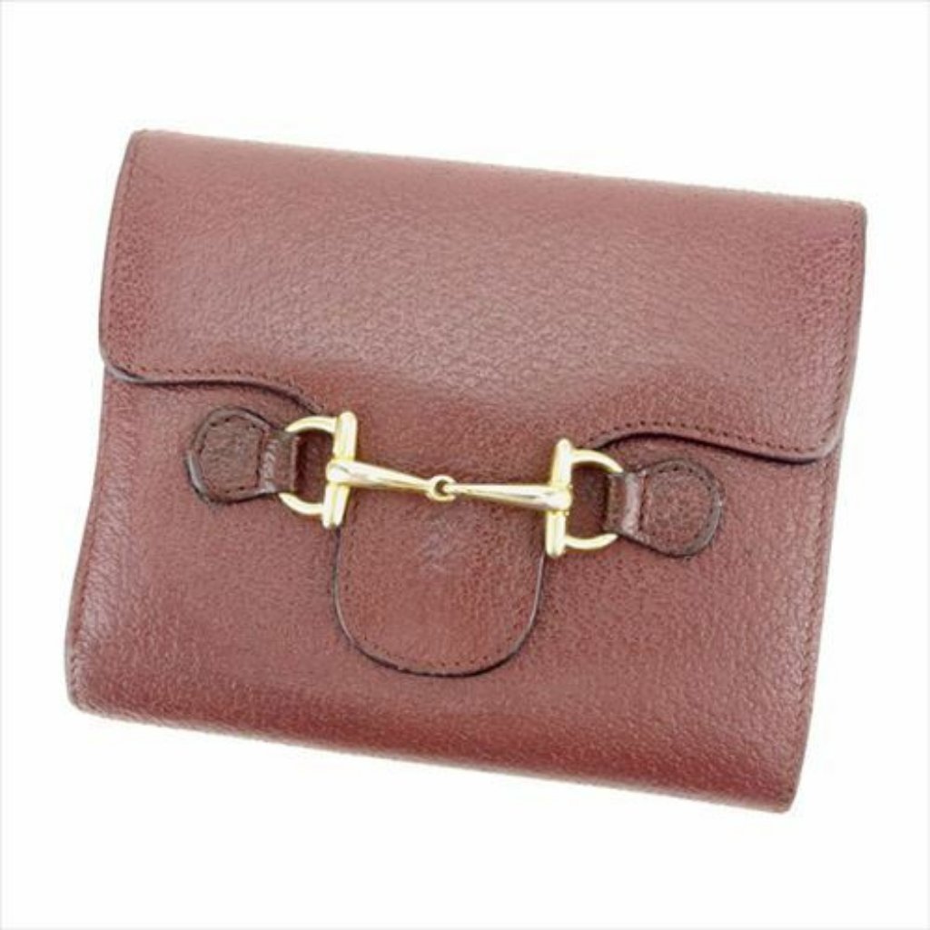 Auth Gucci Wallet Purse Trifold Brown Gold Leather Woman Unisex